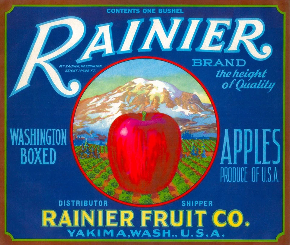 Yakima Washington Mt. Mount Rainier Apple Apples Fruit Crate Label Print Blue