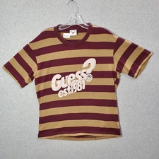 Guess x J Balvin Women Top Large Brown Rugby Striped Shirt Logo Patchwork