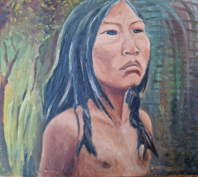 altes Gemälde 70er native art indian ca 33x38cm tribe painting Maya Mexiko