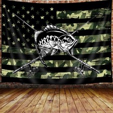Country American Flag Fishing Tapestry, Rustic Hunting Bass Fish Camo Lake Bl...