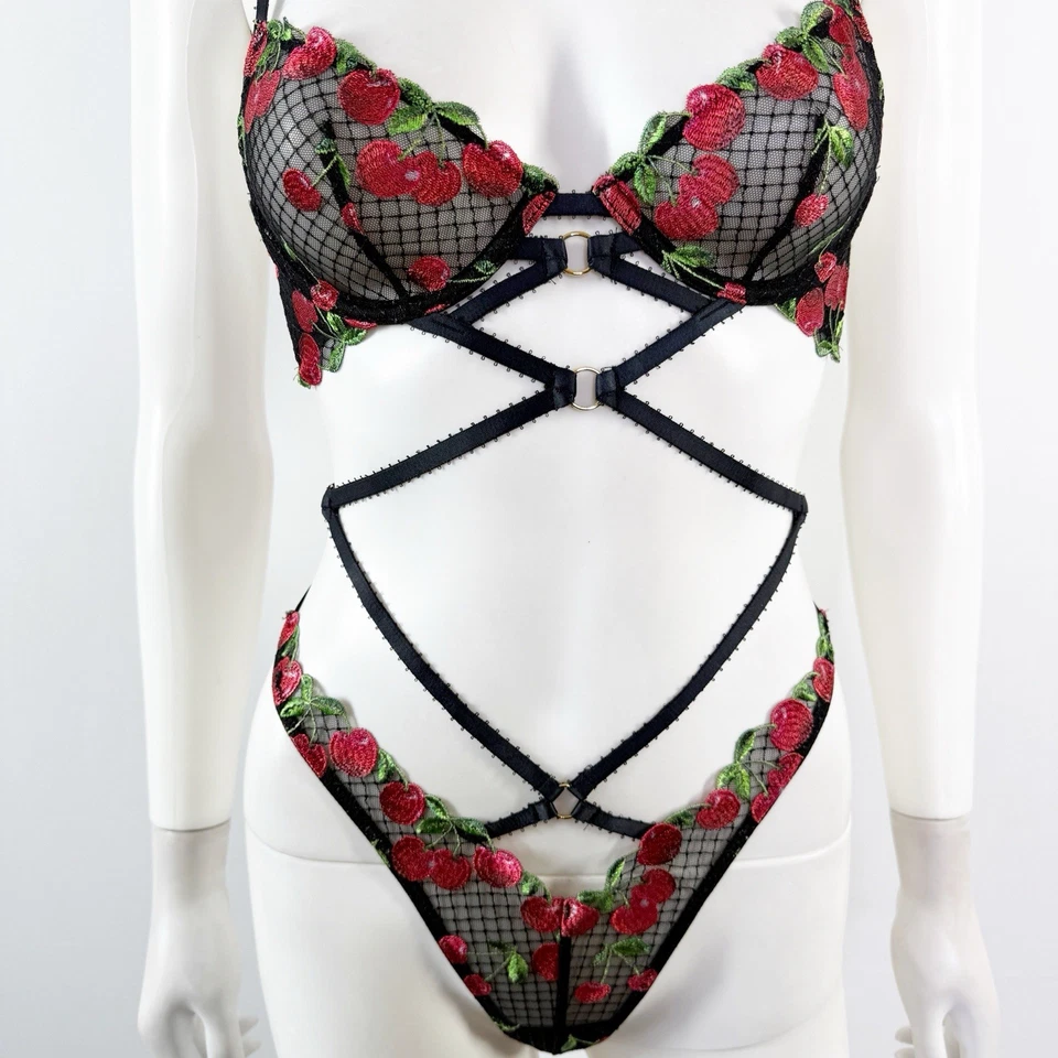 Victoria's Secret Black Mesh Bra Set Lingerie Size XS Sexy Cherry Embroidery NEW - Image 3 of 4