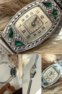 1931  Ladies Art Deco Emerald Bulova Watch ~Miss America ~Emerald Filigree Band