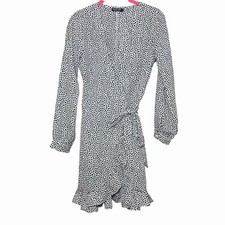Nasty Gal Leopard Print Wrap Mini Dress White Black Ruffle Trim Womens Small