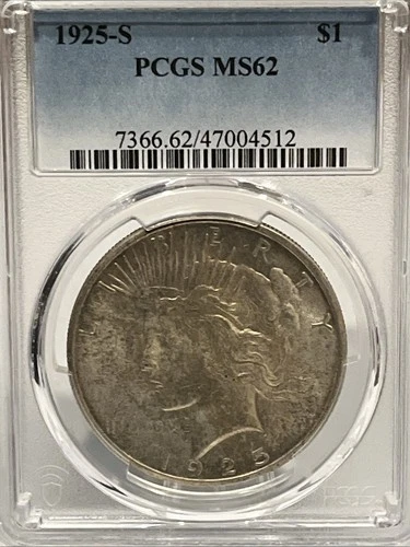1925 S PEACE SILVER DOLLAR UNCIRCULATED PCGS MS-62, HIGH GRADE BETTER DATE
