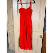 Ann Taylor Red Midi Dress Spaghetti Strap Smocked Back Sweetheart Neckline 8