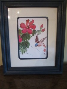 Vintage Picture Frame-w/Bird Picture-Blue frame & mat-10x12