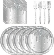 72pc Silver Party Tableware Set for 24 Guests Birthday Wedding
