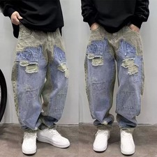 Men's Classic Denim Loose Harem Pants Distressed Jeans Casual Trousers Fashion