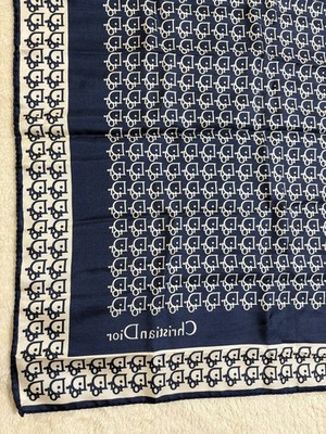 Christian Dior Silk Scarf Trotter Monogram Logo Pattern White Navy