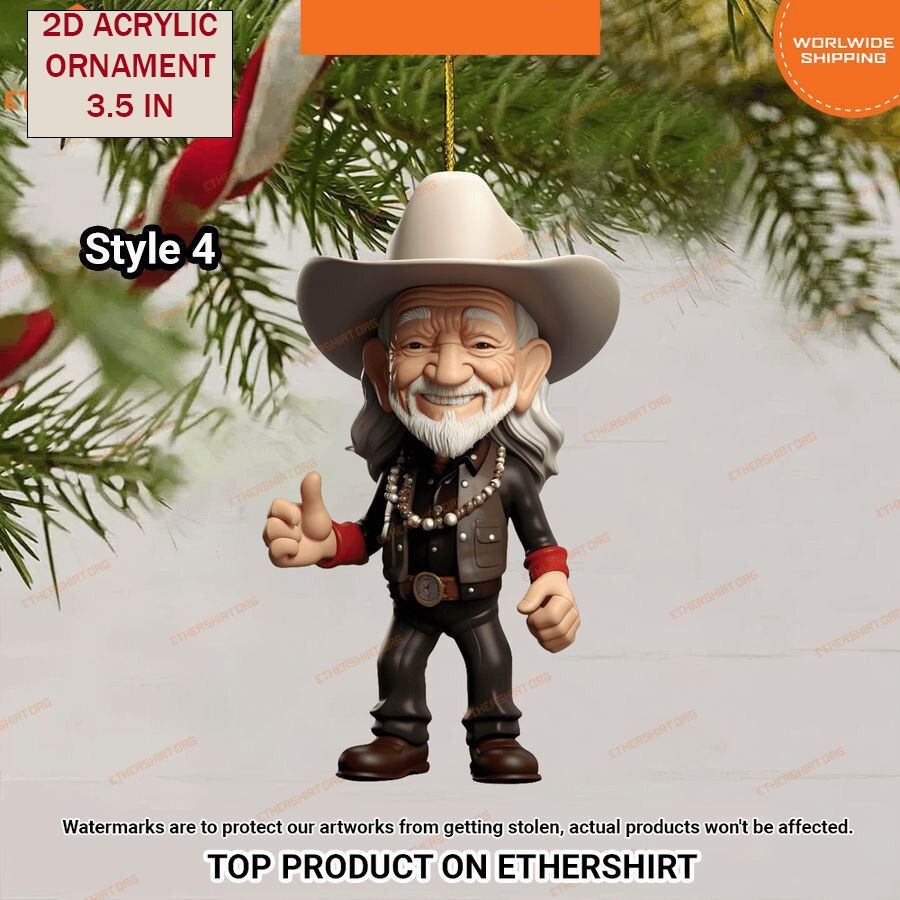 Willie Nelson Christmas Ornament 2D Flat Acrylic 2 sides 3.5 inch x 3.5