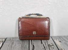Vtg Bosca Mini Wallet Card Holder Hand Stained Hide Brown Leather Kiss Lock Coin