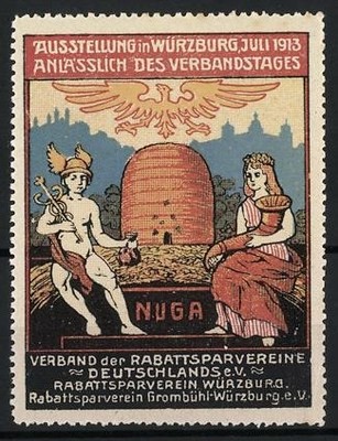 Reklamemarke Würzburg, Ausstellung NUGA 1913, Göttin und Hermes vor einem Biene 