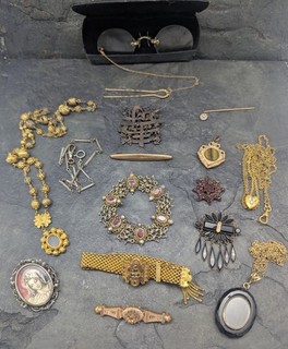 Antique Victorian Jewelry Lot Gold Filled Mourning Brooch Watch Jane Fob Jet