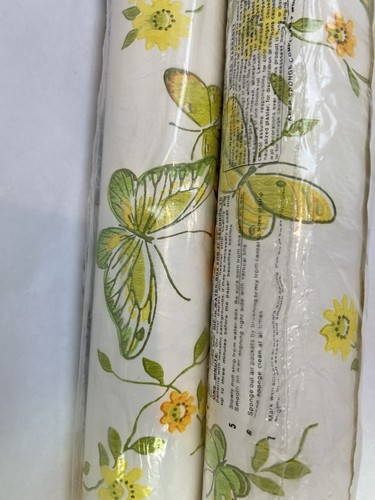Vintage Mod Mid Century Pre-Pasted 70s Retro Floral Butterfly Wall Paper New