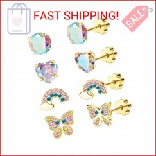 EQFE 4Pairs Hypoallergenic Earrings for Girls 14K Gold Flat Back Earrings 20G Sc