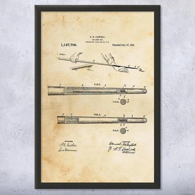 PATENT EARTH Pool Cue Stick Patent Wall Art: Billiards Art, Pool Player Gifts, Garage Decor