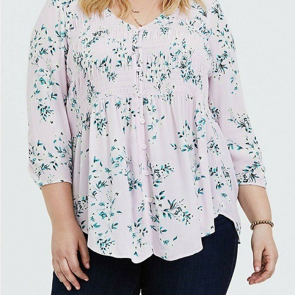 2.  Torrid Floral Crinkle Gauze Smocked Blouse Light Lavender 1X