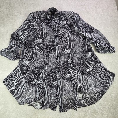 Ali Miles Tunic Women's 1X Black White Animal Print Semi Sheer Stretch Pleated