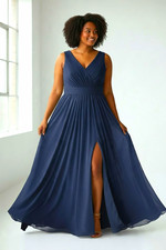 Love X Design Blue Solid V-Neck Sleeveless A-Line Maxi Chiffon 1X Dress