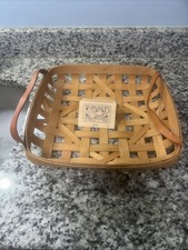 Workshops of Gerald E Henn Lattice Square Tobacco Basket Leather Handles Vintage