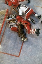 Winter Olympics Aerial view of USA goalie Jim Craig and Ken Morrow- Old Photo
