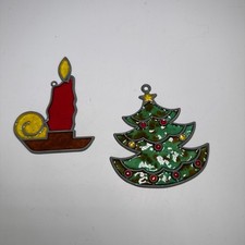 Lot Of 2 Vtg Stained Glass Candle Tree Sun Catcher Ornaments Christmas Decor
