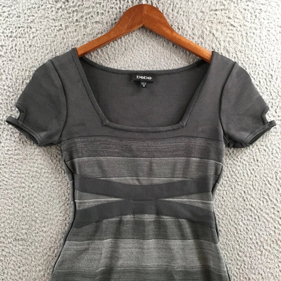 Vestido Bebe Bodycon Para Mujer M Gris Rayas Tejido Manga Corta Cuello Cuadrado Informal Foto 2 de 4