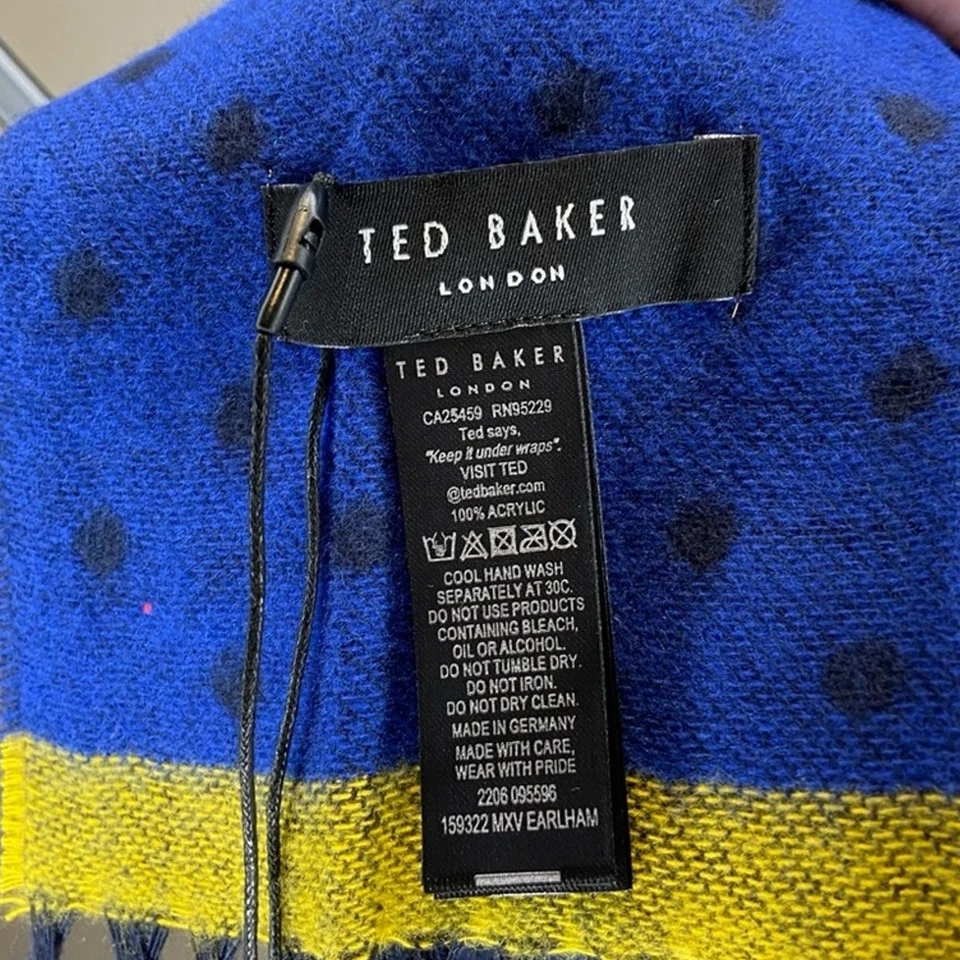 NUEVO CON ETIQUETAS TED BAKER Bufanda Azul Amarillo Punto Azul Marino 15x65 Foto 3 de 4