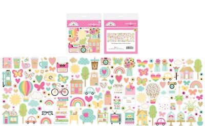 Doodlebug Odds Ends Hello Again Houses Rainbows Trees Cars Butterflies Retro Sun