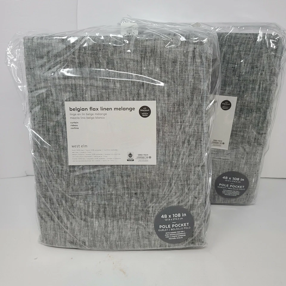 West Elm Two (2) Belgian Melange Linen Blackout drapes Curtains 48x108 Slate... - Image 2 of 3