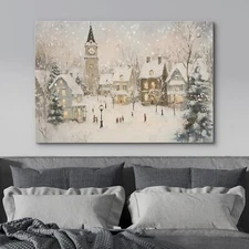 Christmas Wall Art Canvas Print Festival Decor - Winter Scene with Clock Tower