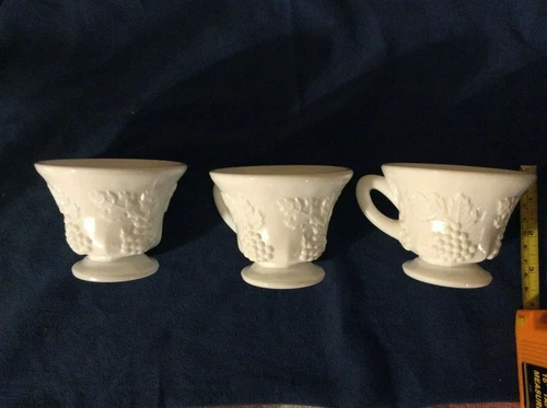 Vintage Tea Coffee Cups White Milk Glass Grape Vine Pattern Tea Lot Of 3