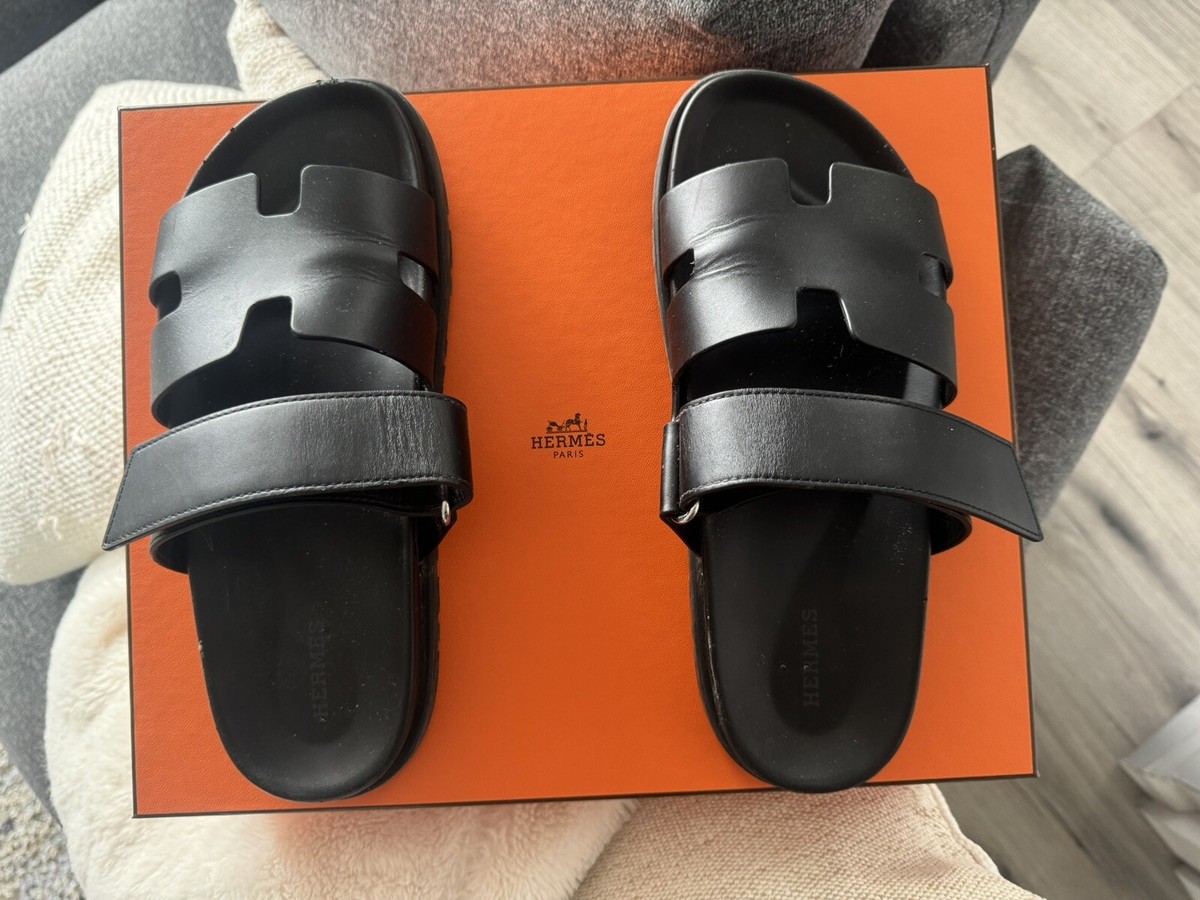 HERMES H CHYPRE BLACK CALFSKIN LEATHER SANDALS SHOES FLAT