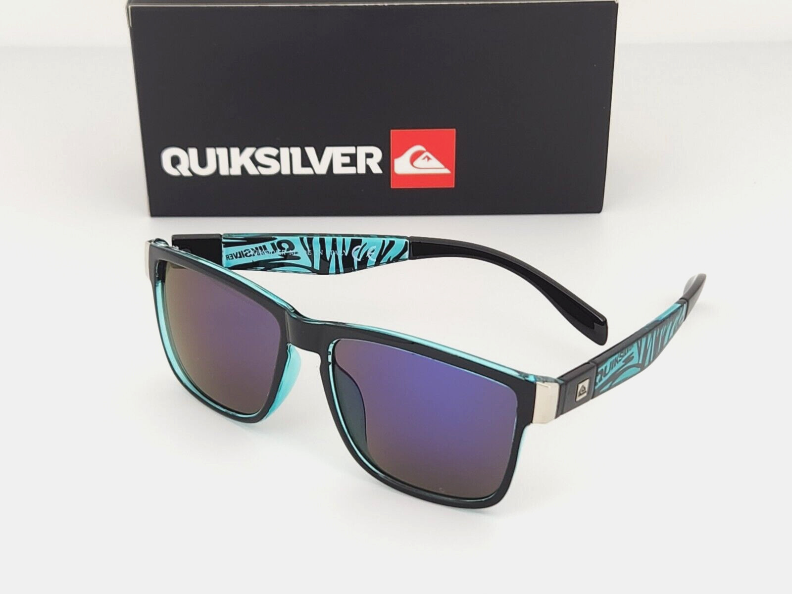 Quicksilver Sports Square Sunglasses Black Green Zebra Frame Blue-Mirror Lens