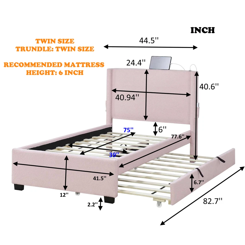 QUADRO DE CAMA ESTOFADO TAMANHO TWIN ROSA com CAMA DE RODÍZIO, TECIDO DE PELÚCIA, FUNCIONAL USB - Imagem 4 de 4