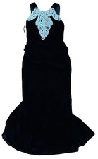 Jessica McClintock Black Velvet Faux Pearl Embellished Maxi Formal Dress 10 90's