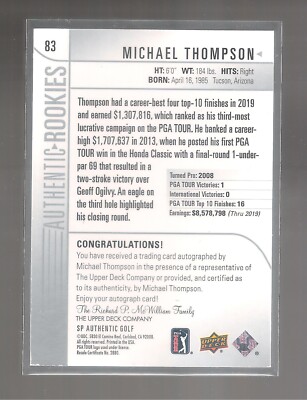 2021 Upper Deck SP Authentic Golf Michael Thompson Rookie RC