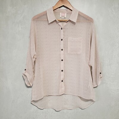 Quiksilver Sheer Cream Multicolor Polka Dots Button Down 3/4 Sleeve Blouse S
