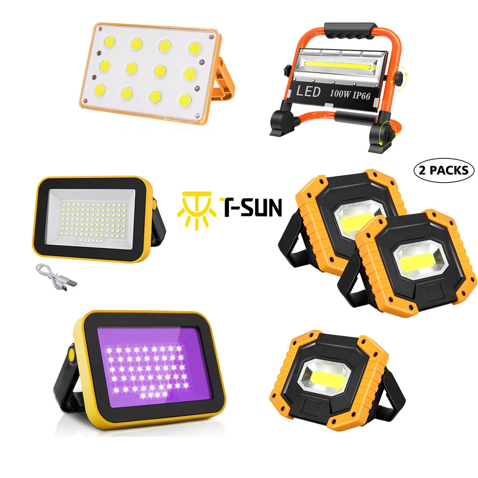 T-SUN LED Portable Work Light Rechargeable Solar USB Cordless Torch Camping Waterproof