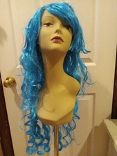 Halloween Dress Up Long Curly Blue Wig Mermaid Monster Fairy 28" w/Curls Bangs