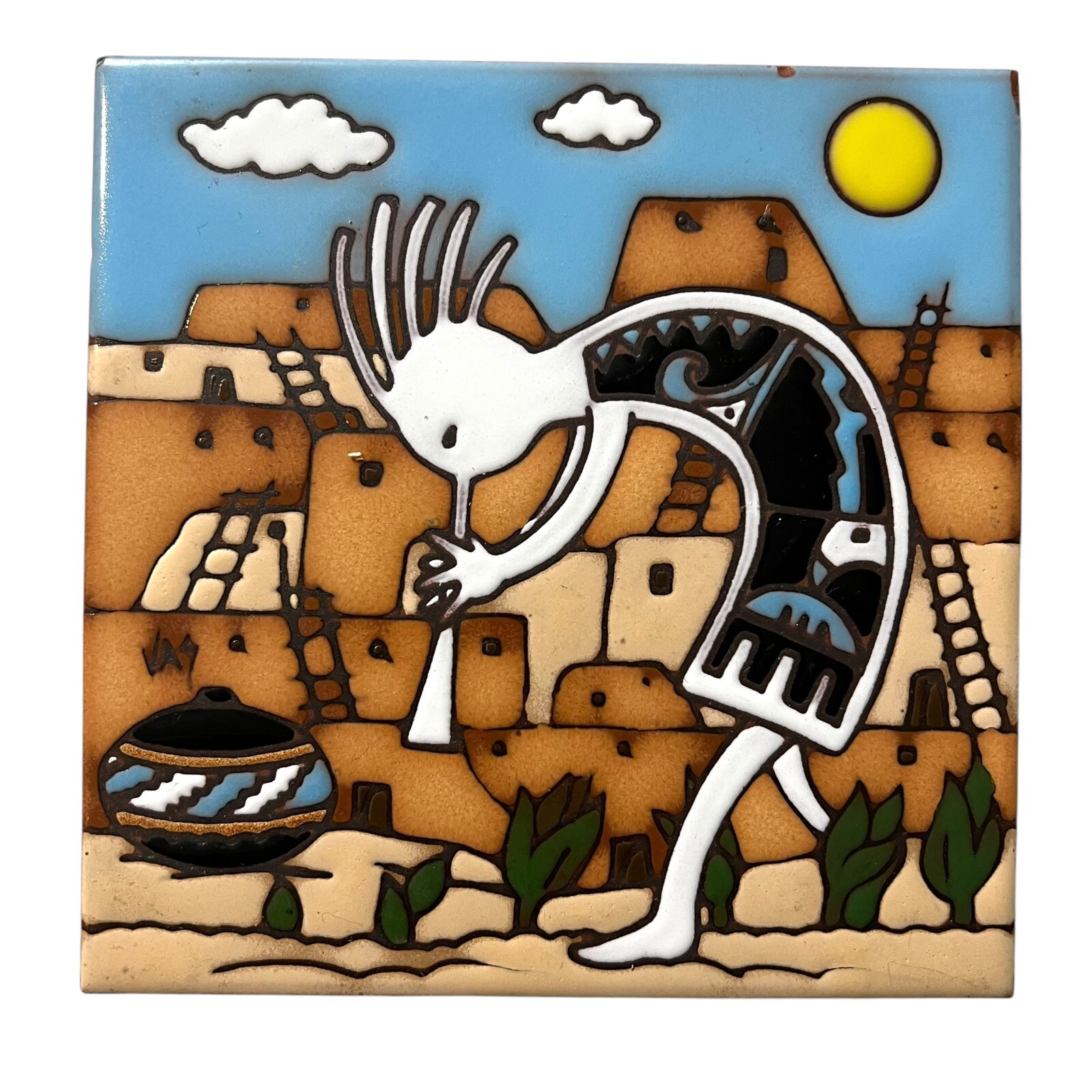 Earthtones Kokopelli Ceramic Wall Art Tile 1995 Southwest Handmade Tucson 6 in