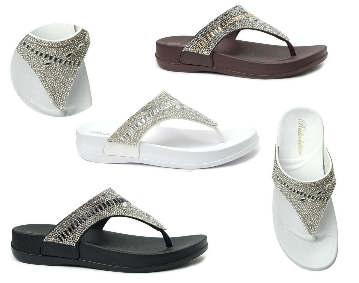 NEW Women's Rhinestone T-Strap Midsole Sandals Beaded Flip Flop | eBay