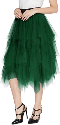 Women's Waist Elastic Midi Skirt A-line Irregular Layered Mesh Tutu (New)