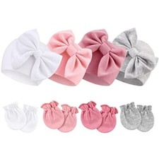 4 PCS Newborn Baby Hats and Mittens Infant Hats with Bow Cotton Baby Beanie C...