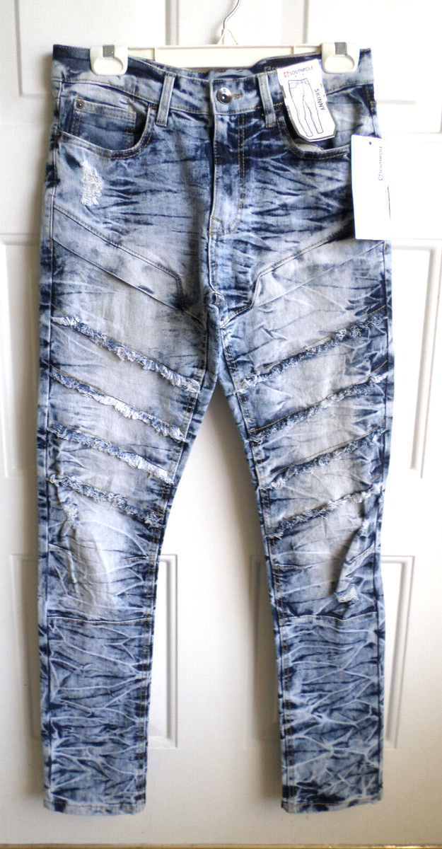 Mens Southpole Skinny Jeans Size 30 x 32 Marble Light Blue Faded 
