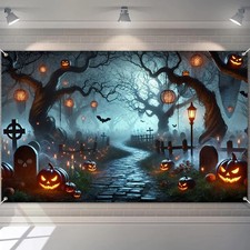 Halloween Banner 71x43 Inch Spooky Pathway Backdrop Banner with Pumpkin Lanterns