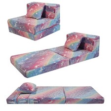 Glow Rainbow Unicorn Tri-fold Sofa Bed for Kids, Foldable Futon Mattress, Cha...
