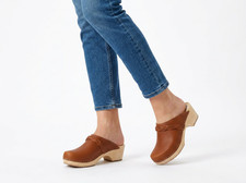 Swedish Wooden Clog Christina low heel, brown leather, Hand made in Sweden