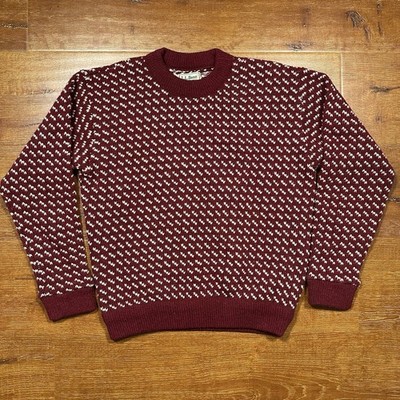 Vintage LL Bean Sweater Women M Maroon Wool Fair Isle Crewneck Norway VTG Nature
