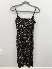 Uniqlo Small Black Floral Midi Dress Ruched Back Spaghetti Strap Romantic